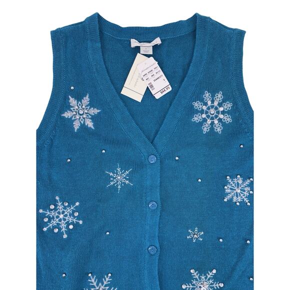 NEW Christopher & Banks Womens Sweater Vest Small Turquoise Winter Snowflakes 3D - Picture 2 of 9